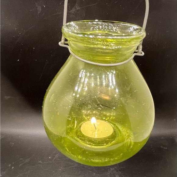 Outdoor glass tea light hanging lantern globe yellow bulbous indent candle - Picture 9 of 13